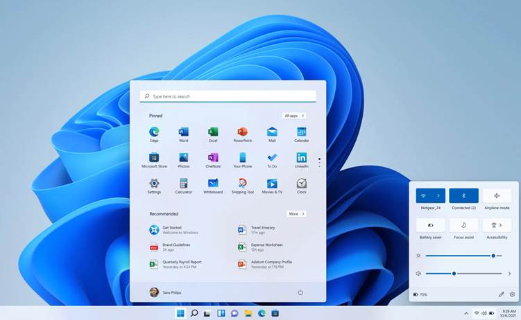 Nové uživatelské rozhraní Windows 11 s novou Start nabídkou.