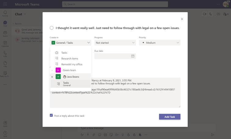 Create Task from Teams chat